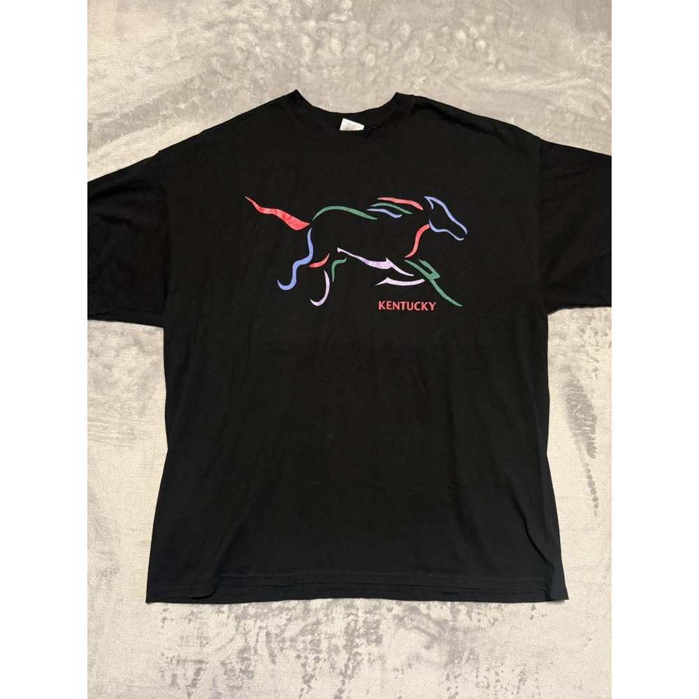 VTG 90S KENTUCY DERBY HORSE RACING SHIRT ART GRAPHIC PRINT BLACK FADED SIZE XL - Picture 1 of 5